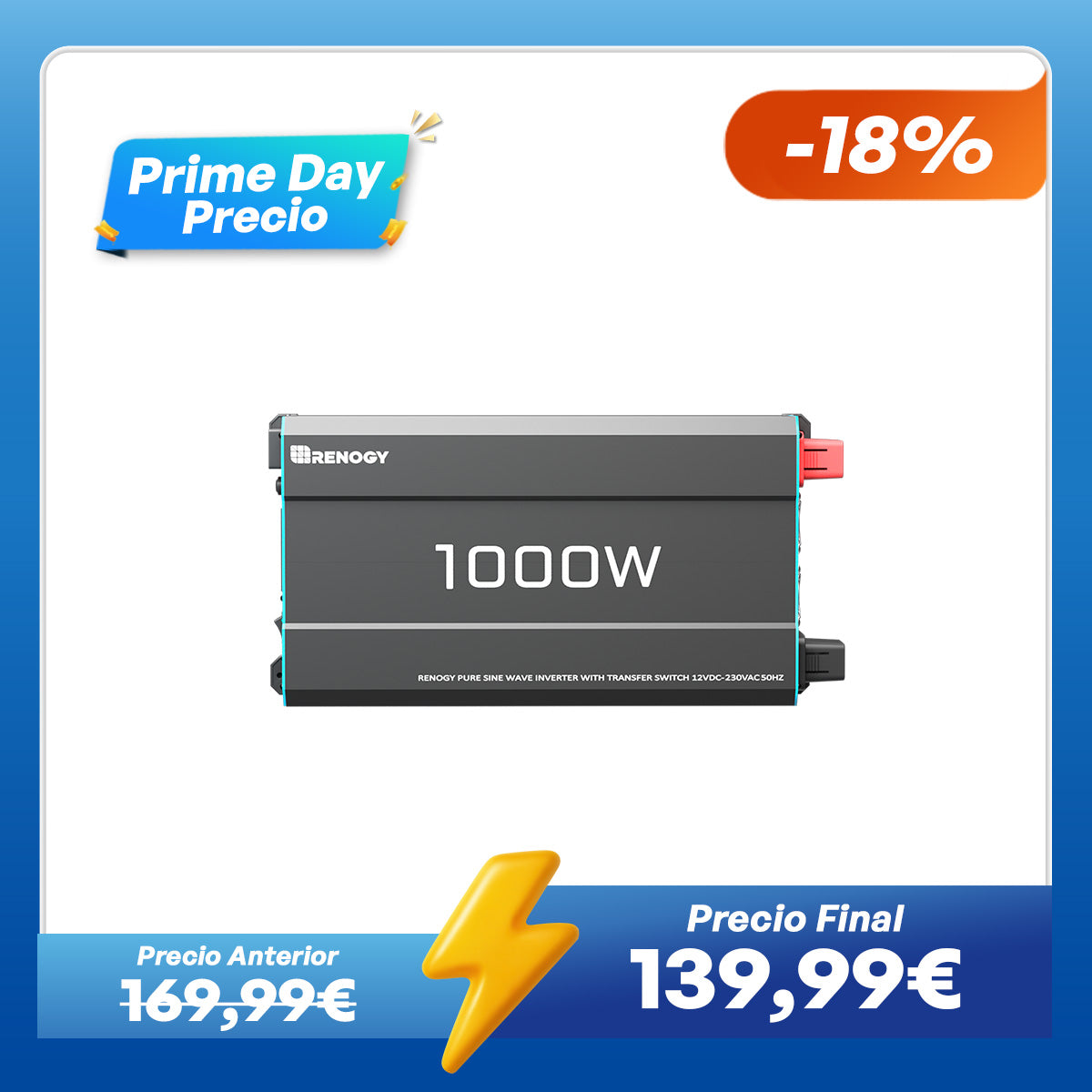 12 V 1000 W Inversor Solar onda Sinusoidal pura DC a AC Para Autocaravanas y Sistemas Fuera de la Red