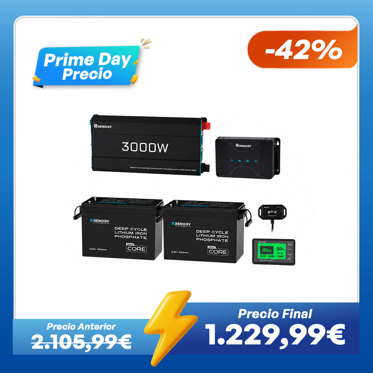 Kit de Energía para Caravana 5,12 kWh | 2x200Ah Batería LiFePO₄, 3000 W Inversor
