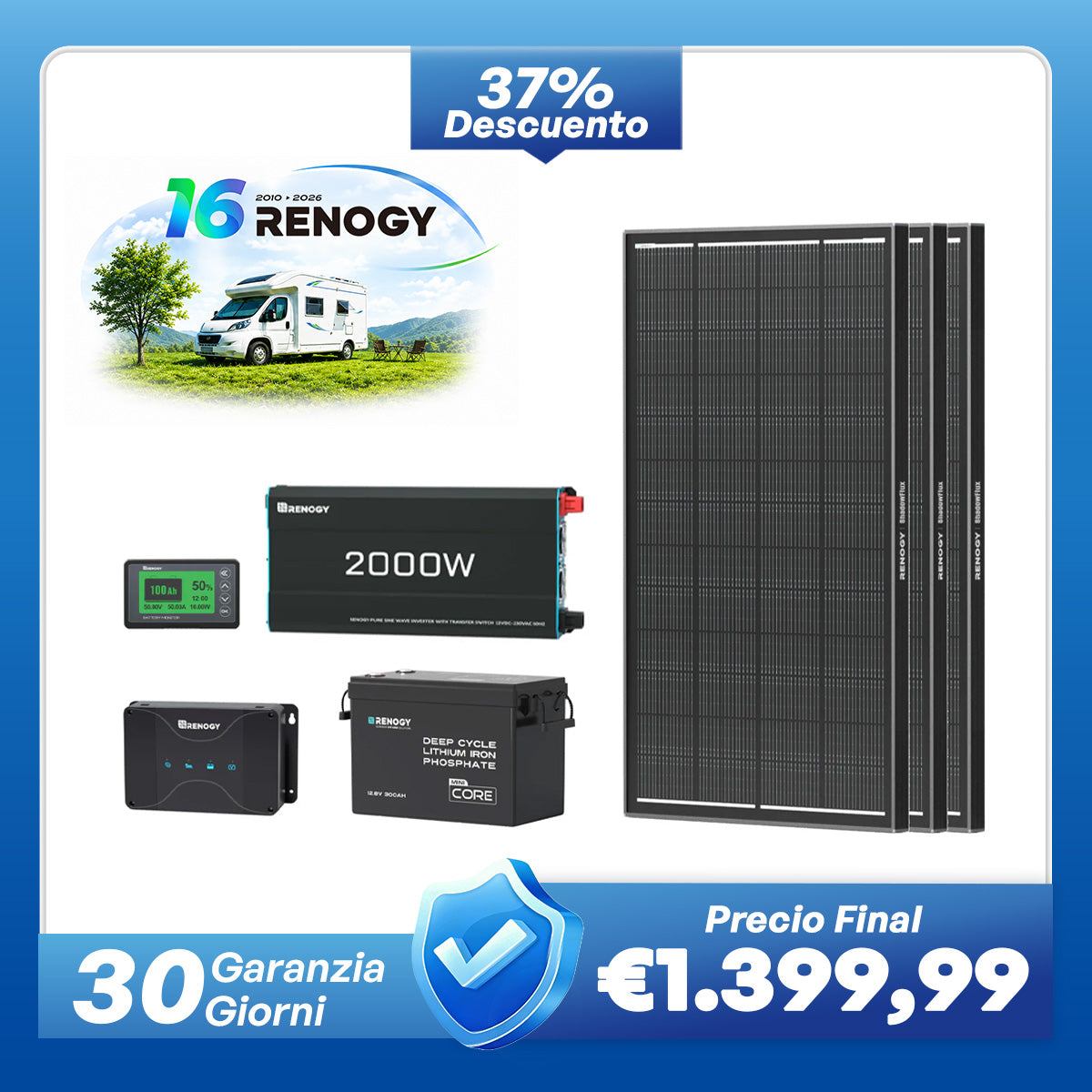 Kit de Energía para Caravana 3,84 kWh | Inversor 2000 W, Cargador de Batería 50 A