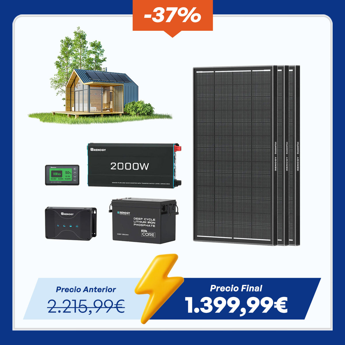 Kit de Energía para Caravana 3,84 kWh | 2000W Inversor, 50A Cargador de Batería