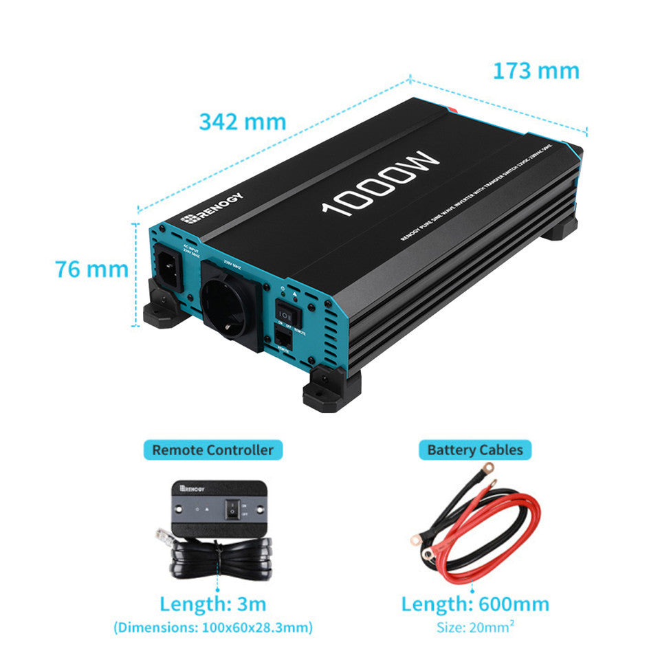 Open Box - 1000W 12V Solar Inverter Pure Sine Wave DC to AC for Camper Van Motorhome Off-Grid