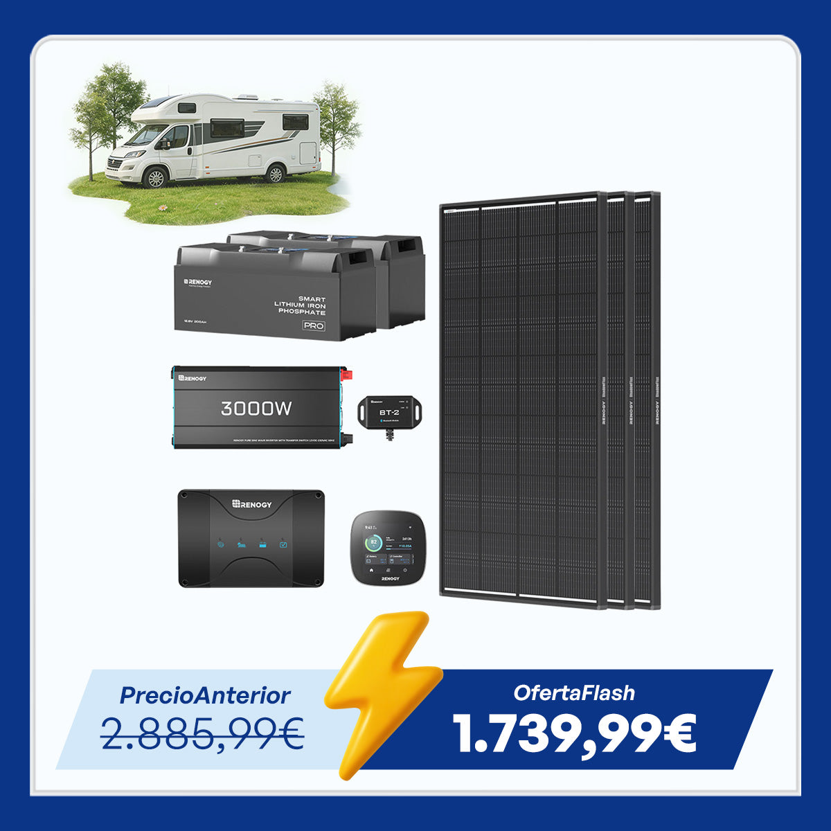 Kit de Energía para Caravana 5,12 kWh | Inversor 3000 W, Cargador de Batería 50 A
