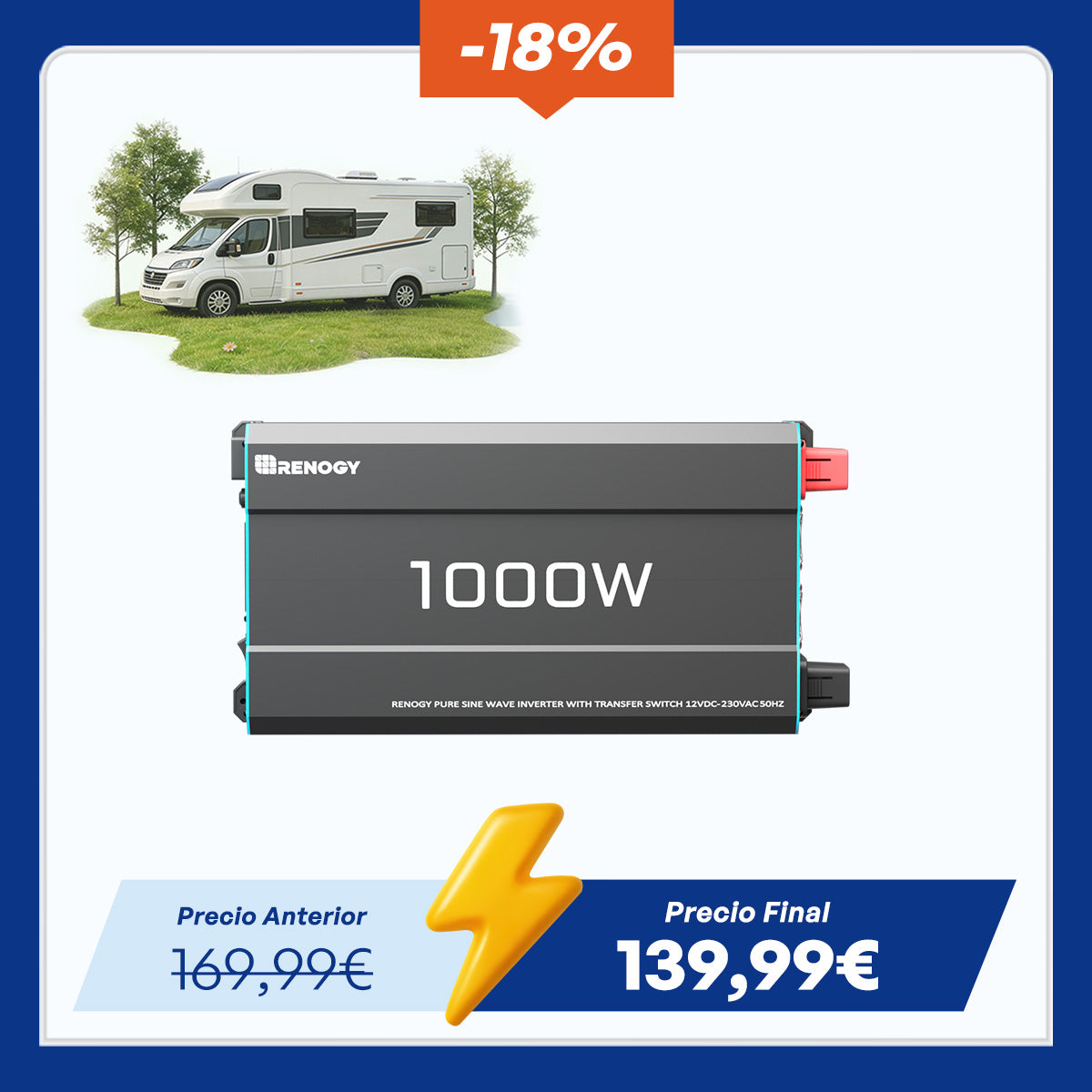 12 V 1000 W Inversor Solar onda Sinusoidal pura DC a AC Para Autocaravanas y Sistemas Fuera de la Red
