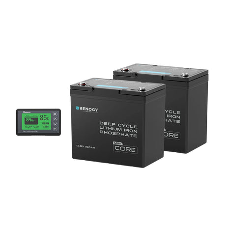 Renogy Core Mini 12V – 100Ah Batería de Litio LiFePO4 - 2 Unidades con 500A Monitor