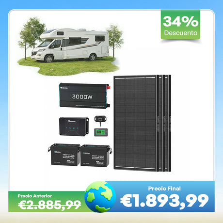 Kit de Energía para Caravana 5,12 kWh | Inversor 3000 W, Batería LiFePO₄ 200 Ah × 2
