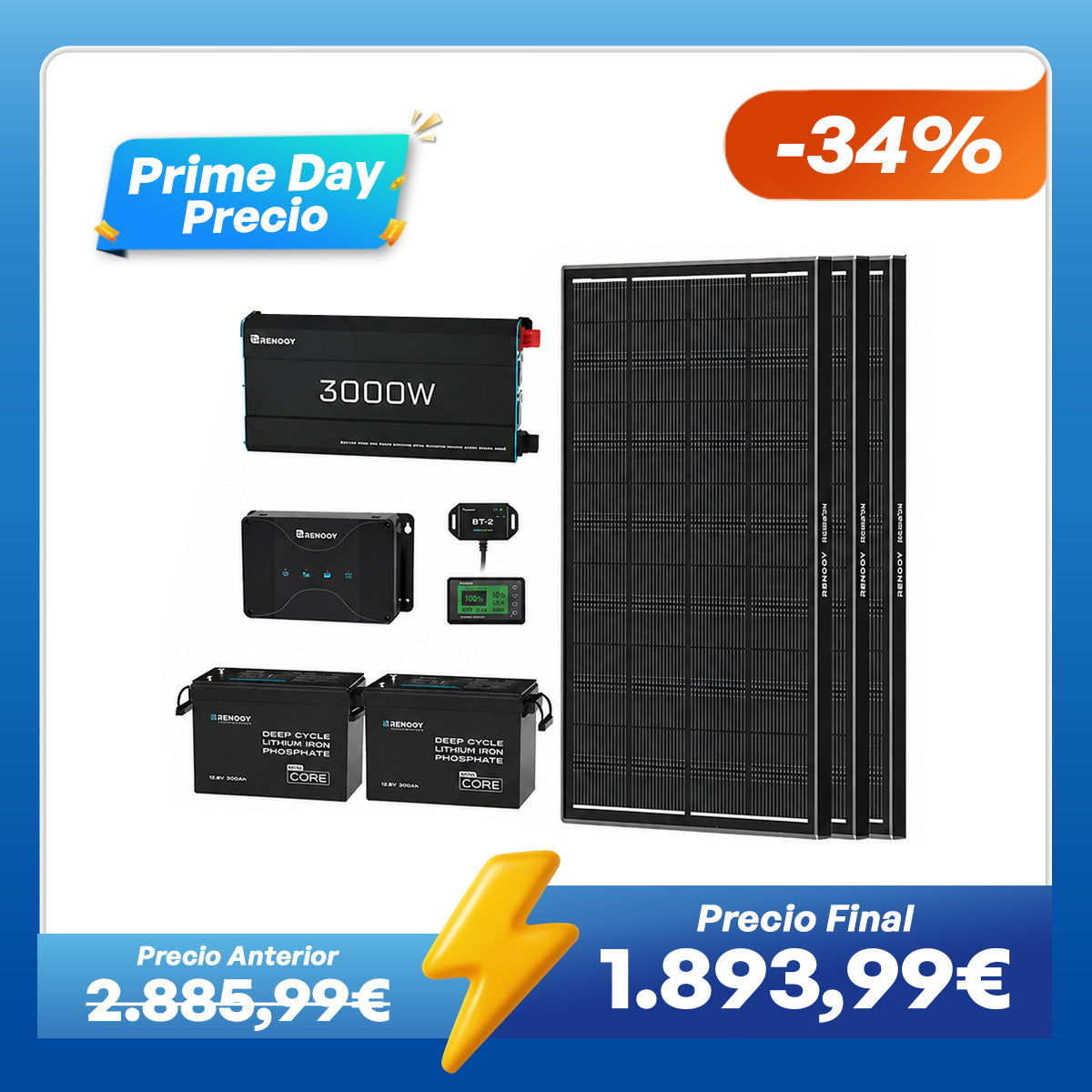 Kit de Energía para Caravana 5,12 kWh |  2x200Ah Batería LiFePO₄, 3000 W Inversor