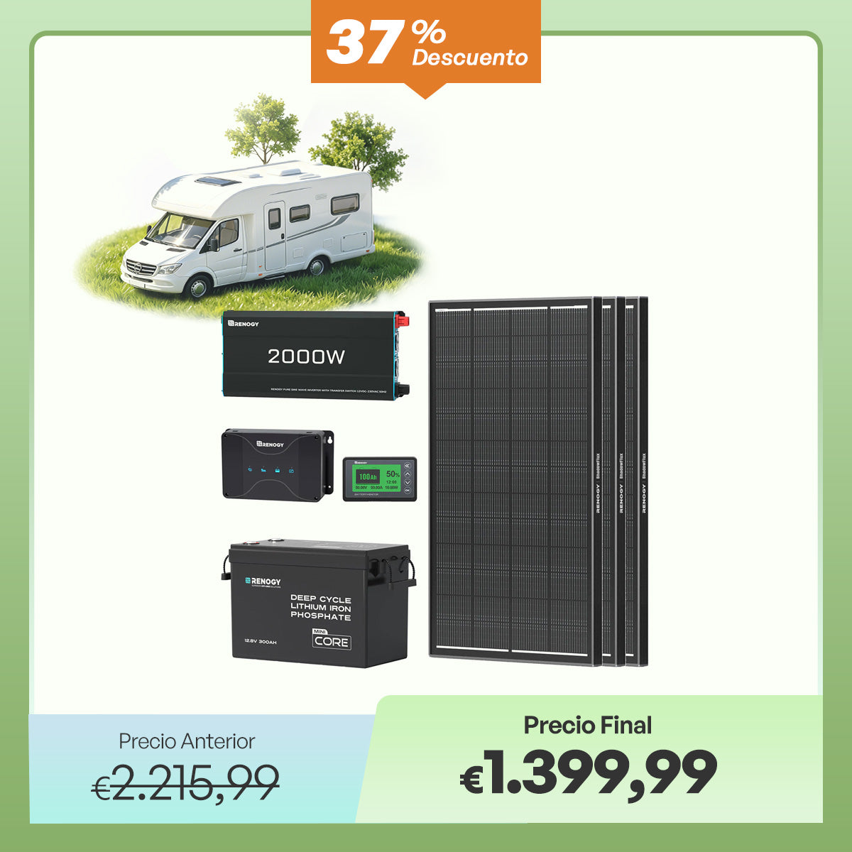 Kit de Energía para Caravana 3,84 kWh | Inversor 2000 W, Cargador de Batería 50 A