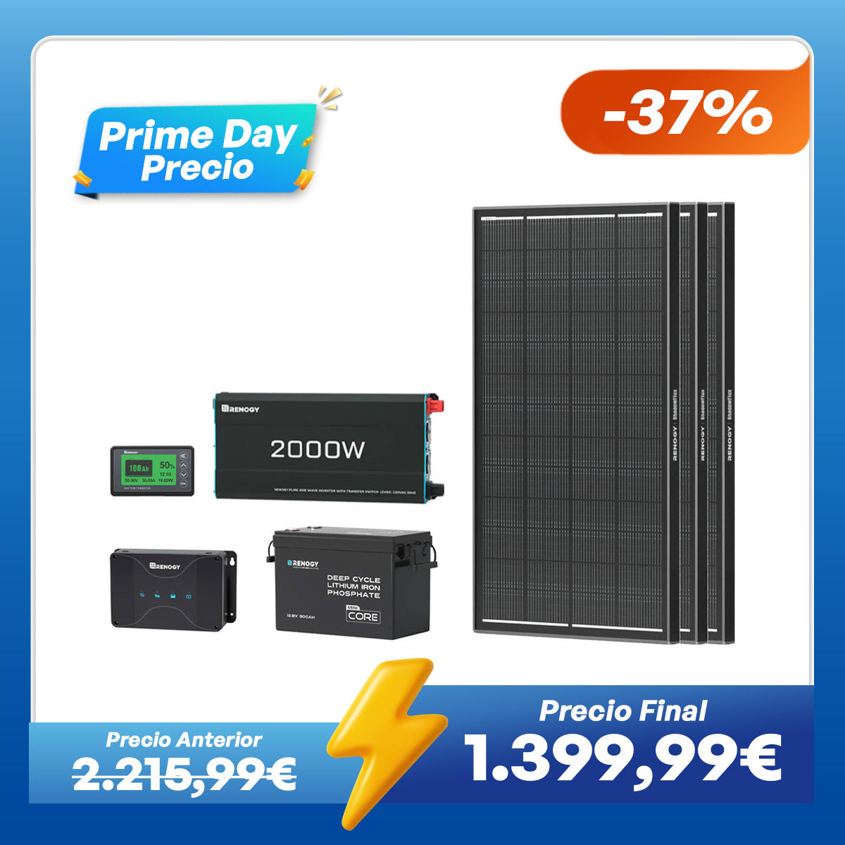 Kit de Energía para Caravana 3,84 kWh | 2000W Inversor, 50A Cargador de Batería