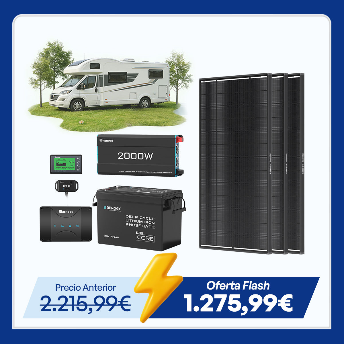 3,84 kWh Kit de Energía para Caravana | 2000W Inversor, 50A Cargador de Batería