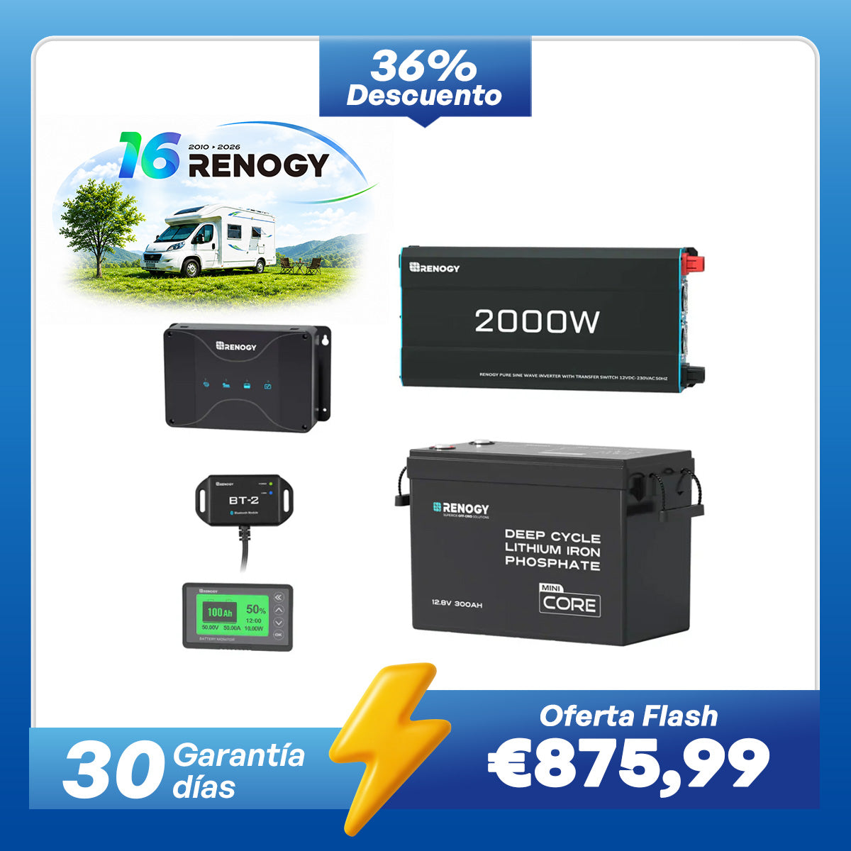 Kit de Energía para Caravana 3,84 kWh | Inversor 2000 W, Cargador de Batería 50 A